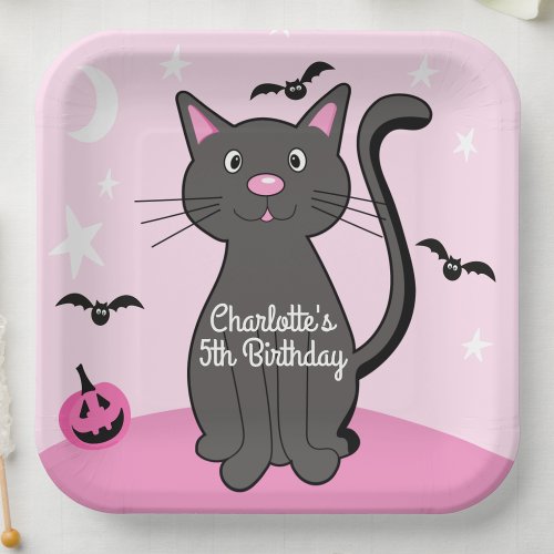 Pink Halloween Black Cat Birthday Girl  Paper Plates