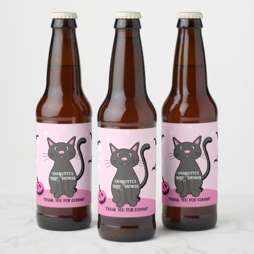 Pink Halloween Black Cat Girl Baby Shower Beer Bottle Label