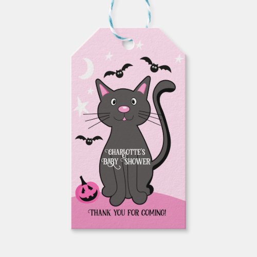 Pink Halloween Black Cat Girl Baby Shower Gift Tags