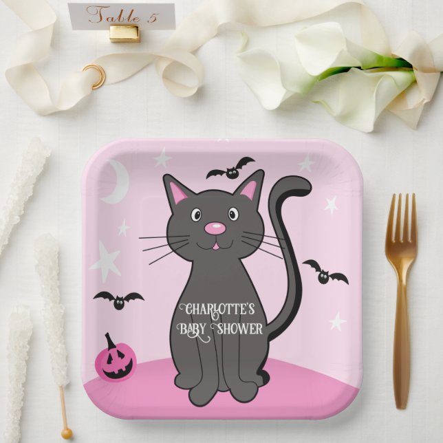 Pink Halloween Black Cat Girl Baby Shower Paper Plates (Wedding)