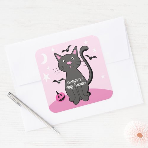 Pink Halloween Black Cat Girl Baby Shower Square Sticker