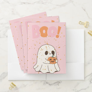 Pink halloween boo ghost and pumpkins pocket folder