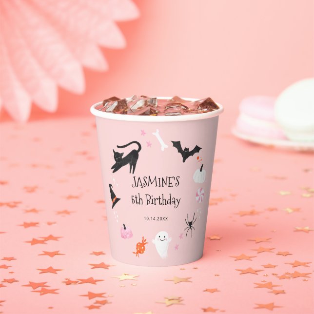 Pink Halloween Creatures Birthday Party Paper Cups (Insitu)