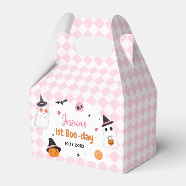 Pink Halloween Cute Ghost 1st Birthday Favor Boxes (Front Side)