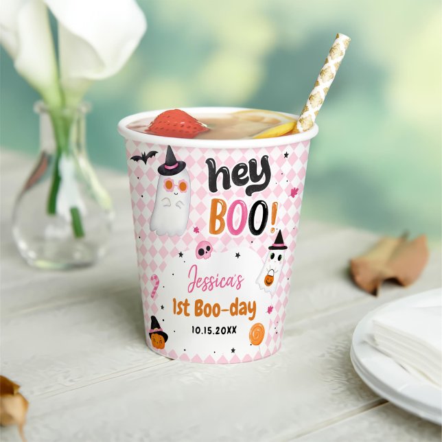 Pink Halloween Cute Ghost 1st Birthday Paper Cups (Creator Uploaded)