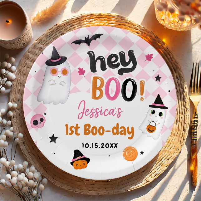 Pink Halloween Cute Ghost 1st Birthday Paper Plates (Creator Uploaded)