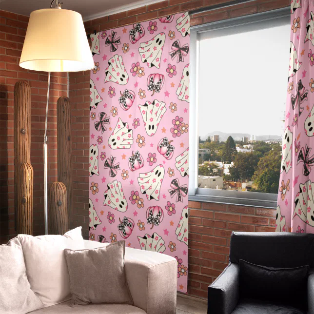 PINK HALLOWEEN CUTE GHOST AND PUMPKINS BLACKOUT CURTAINS
