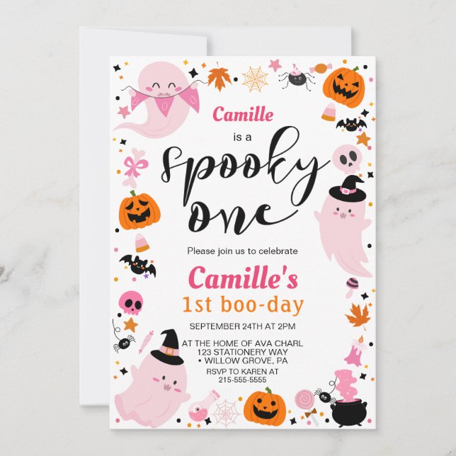 Pink Halloween cute ghost First Birthday Invitation (Front)