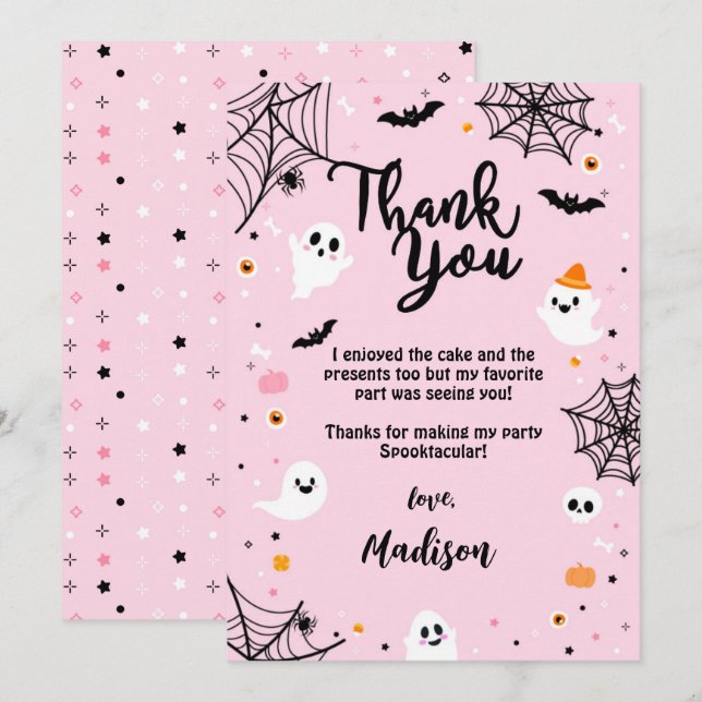 Pink Halloween Cute Ghost Thank You Card (Front/Back)