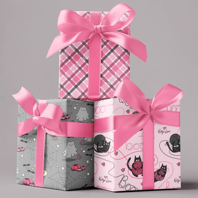 Pink Halloween for Kids Boo Kitty Love Kittens Wrapping Paper Sheets (Cute Spooky Playful Kittens Playing with Pink Yarn that Spells "Boo", Cat Ghosts and Pink Plaid.)