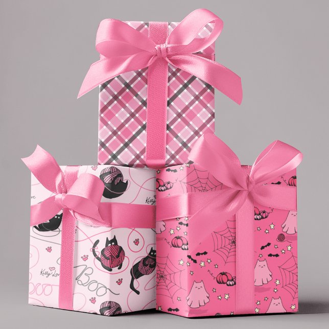 Pink Halloween for Kids Boo Kitty Love Kittens Wrapping Paper Sheets (Cute Halloween Kittens Playing with Pink Yarn that Spells "Boo", Kitten Ghosts, & Pink & Black Plaid)