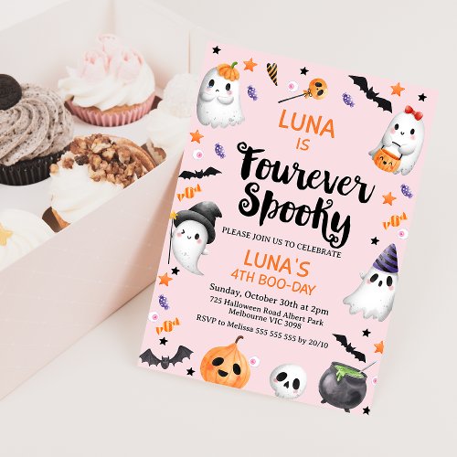 Pink Halloween Fourever Spooky 4th Birthday Invitation