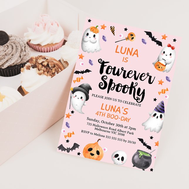 Pink Halloween Fourever Spooky 4th Birthday Invitation (Pink Halloween Fourever Spooky 4th Birthday Invitation, Pastel Halloween 4th Birthday Invite, Curly)