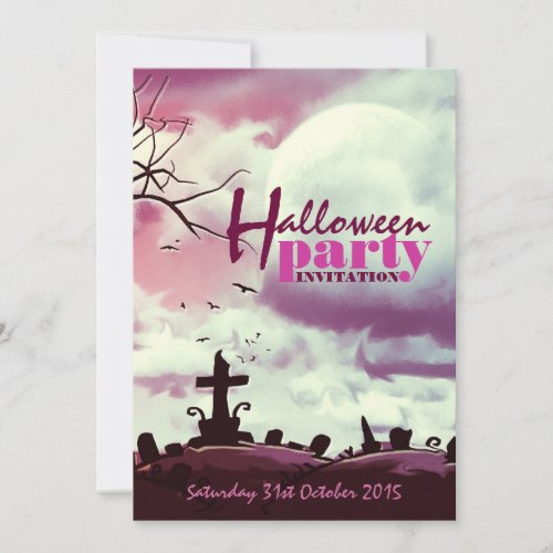 Pink Halloween Full Moon Graveyard Invitation