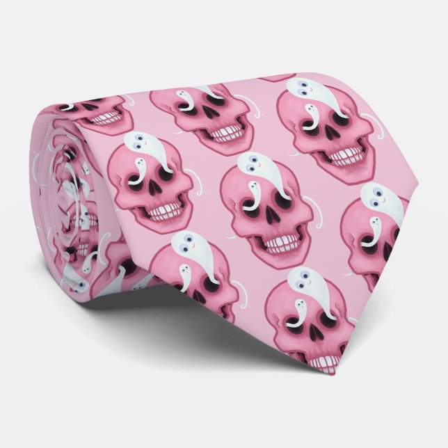 Pink Halloween Funny Skull Neck Tie (Rolled)