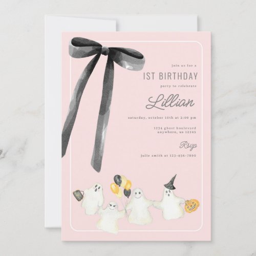 Pink Halloween Ghost and Black Bow Birthday Invitation