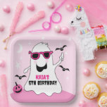 Pink Halloween Ghost Girl Birthday Paper Plates<br><div class="desc">A cute ghost with pink sunglasses and a pink pumpkin. Original Art by Jess Illustration!</div>