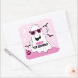 Pink Halloween Ghost Girl Birthday Square Sticker<br><div class="desc">A cute ghost with pink sunglasses and a pink pumpkin. Original Art by Jess Illustration!</div>