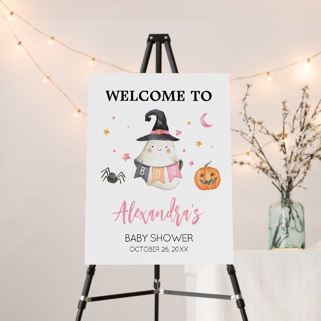 Pink Halloween Ghost Little Boo Welcome Sign (In Situ (Stand))
