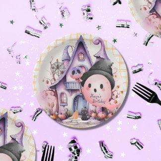 Pink halloween ghost mansion cute birthday paper plates
