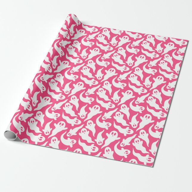 Pink Halloween Ghost Pattern Wrapping Paper (Unrolled)