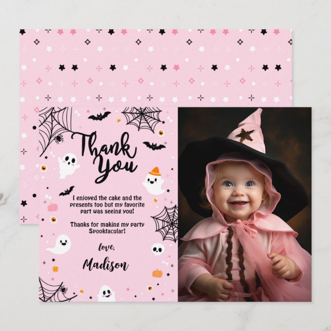 Pink Halloween Ghost Thank You Card with Photo (Front/Back)