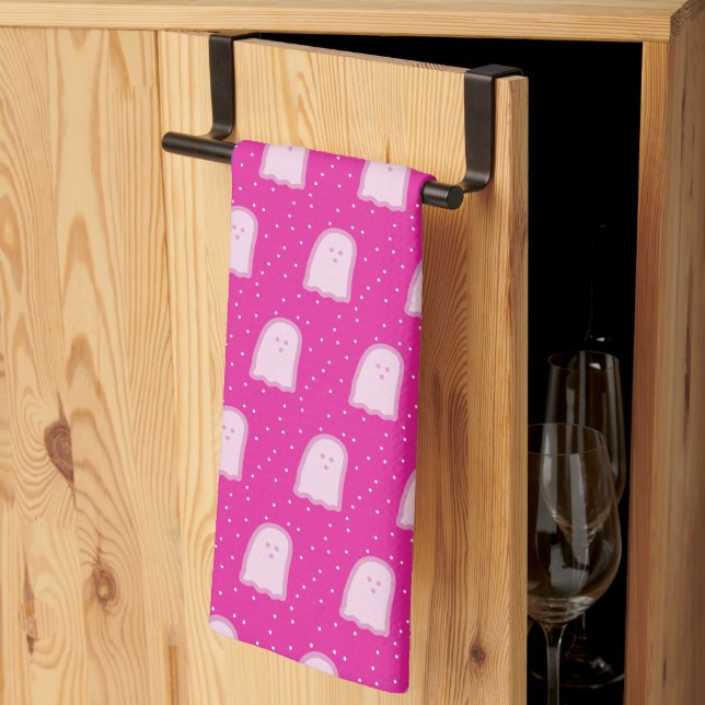 Pink Halloween Ghosts and Polka Dots  Kitchen Towel (Thirds Fold)