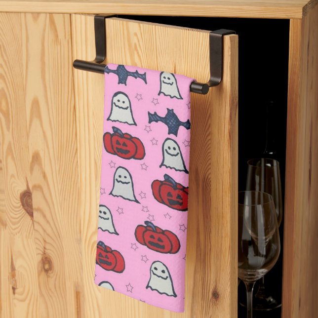 Pink Halloween Ghosts, Bats, and Jack o Lanterns Kitchen Towel (Thirds Fold)