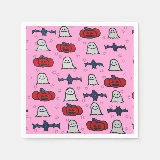 Pink Halloween Ghosts, Bats, and Jack o Lanterns Napkins (Front)
