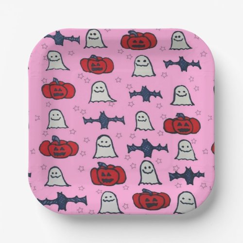 Pink Halloween Ghosts Bats and Jack o Lanterns  Paper Plates