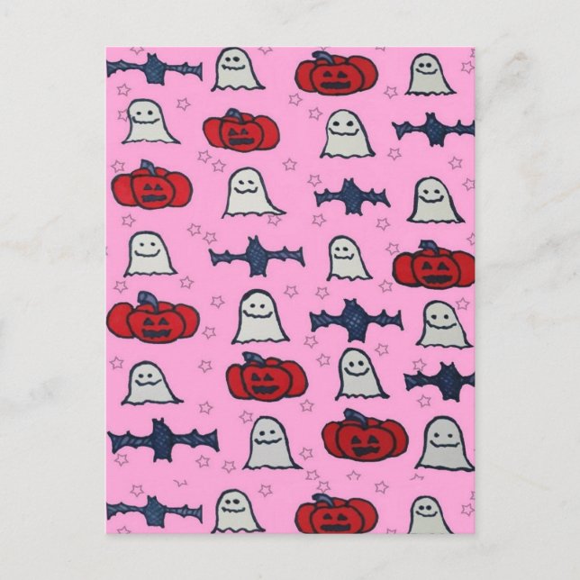 Pink Halloween Ghosts, Bats, and Jack o Lanterns Postcard (Front)