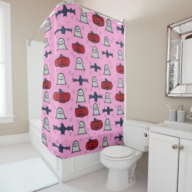 Pink Halloween Ghosts, Bats, and Jack o Lanterns Shower Curtain (In Situ)