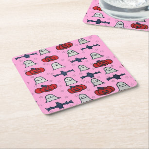 Pink Halloween Ghosts, Bats, and Jack o Lanterns Square Paper Coaster