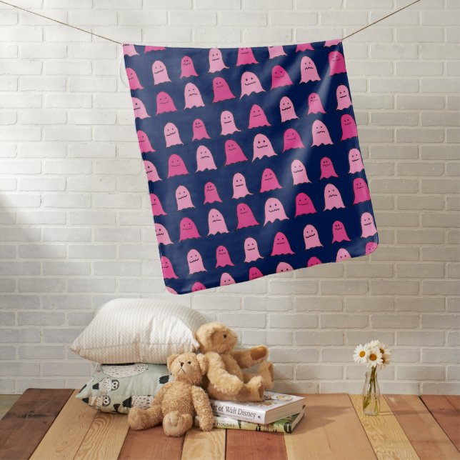 Pink Halloween Ghosts on Dark Blue Baby Blanket (In Situ)