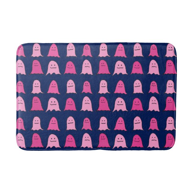 Pink Halloween Ghosts on Dark Blue Bath Mat (Front)