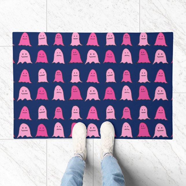 Pink Halloween Ghosts on Dark Blue Doormat (Indoor)