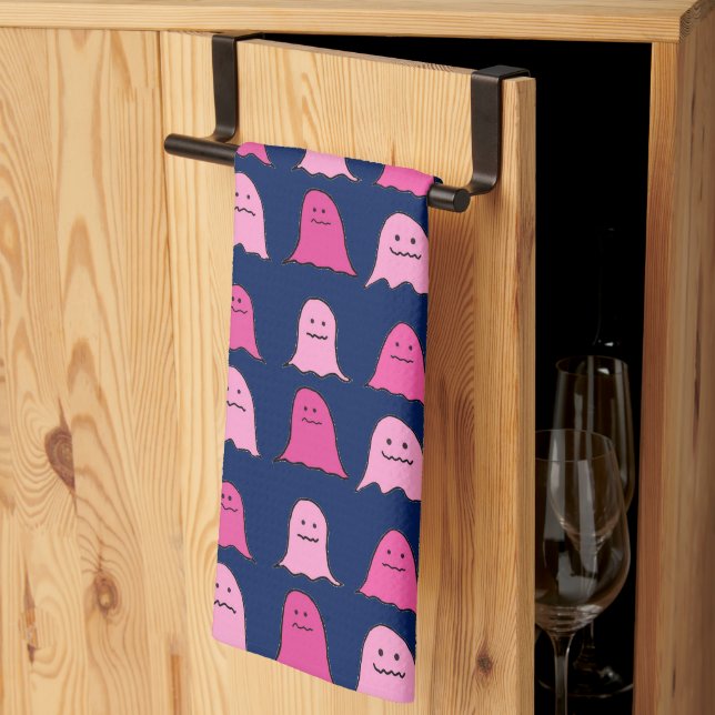Pink Halloween Ghosts on Dark Blue Kitchen Towel (Thirds Fold)