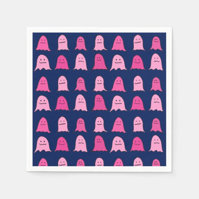 Pink Halloween Ghosts on Dark Blue Napkins (Front)