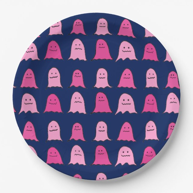 Pink Halloween Ghosts on Dark Blue Paper Plates (Front)