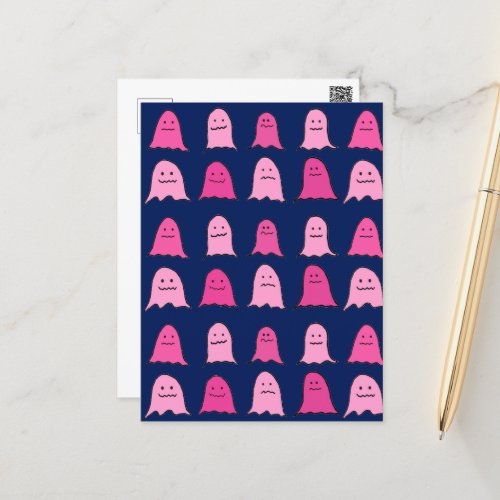 Pink Halloween Ghosts on Dark Blue Postcard