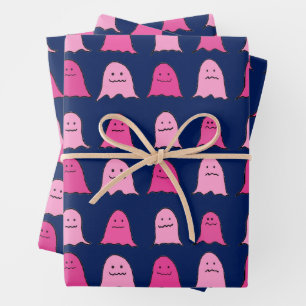 Pink Halloween Ghosts on Dark Blue Wrapping Paper Sheets