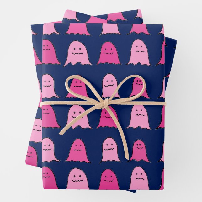 Pink Halloween Ghosts on Dark Blue Wrapping Paper Sheets (In situ)