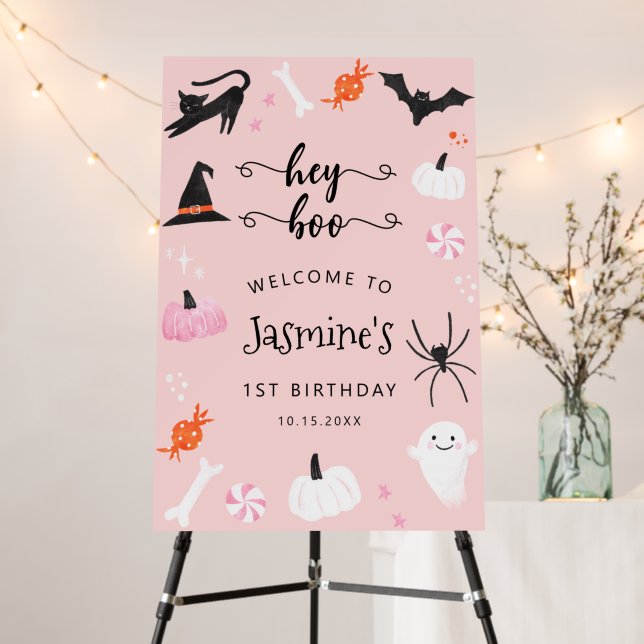Pink Halloween Girl's Birthday Party Welcome Sign (In Situ (Stand))