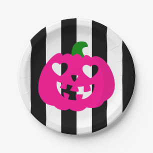 pink halloween heart pumpkin striped paper plates