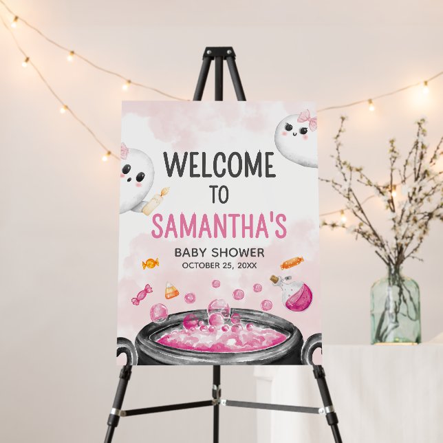 Pink Halloween Its a Girl Baby Shower Welcome Sign (In Situ (Stand))