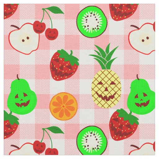 pink halloween jack o'lantern fruit gingham fabric