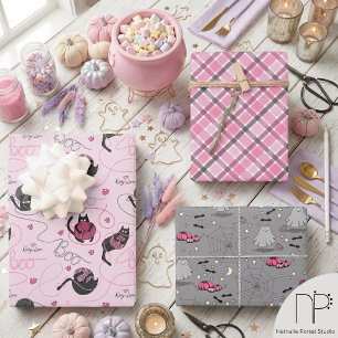 Pink Halloween Kids Boo Kitty Wrapping Paper Sheets