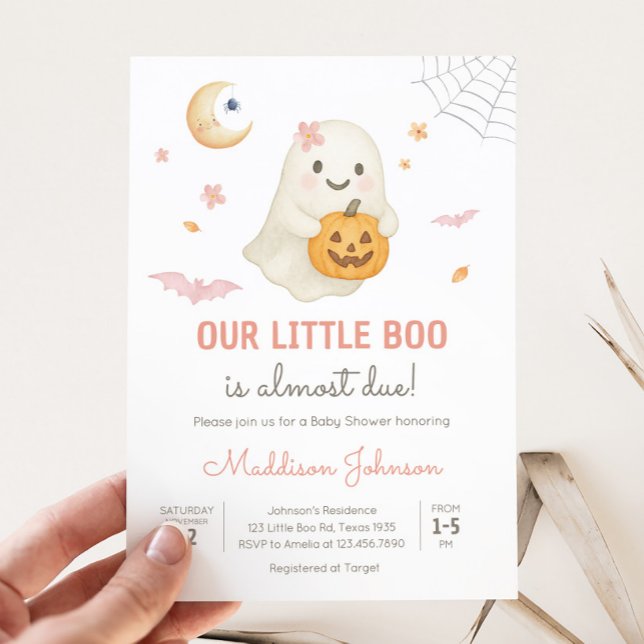 Pink Halloween Little Boo Baby Shower Invitation (Pink Little Boo Halloween Baby Shower Invitation)