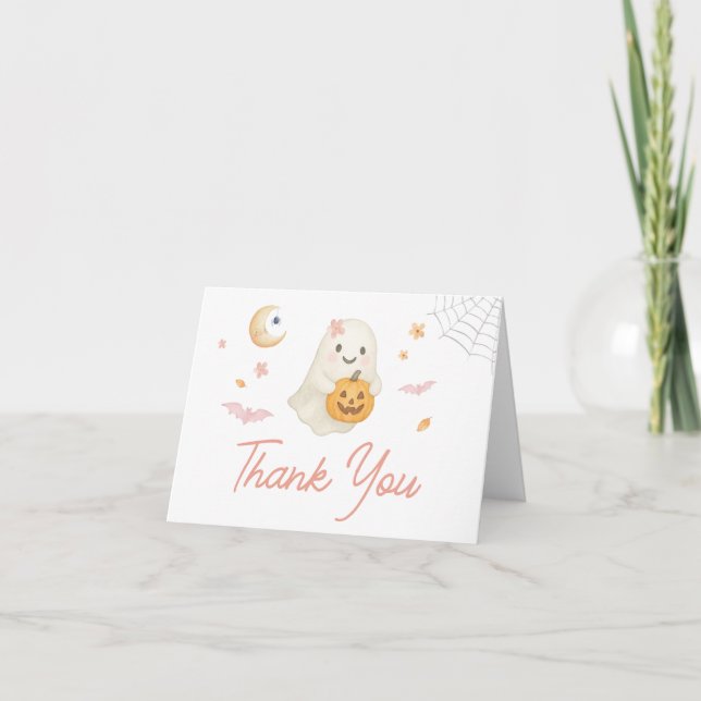 Pink Halloween Little Boo Baby Shower Thank You Card (Front)
