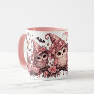 Pink Halloween Owls Witch Hats & Pumpkins Mug